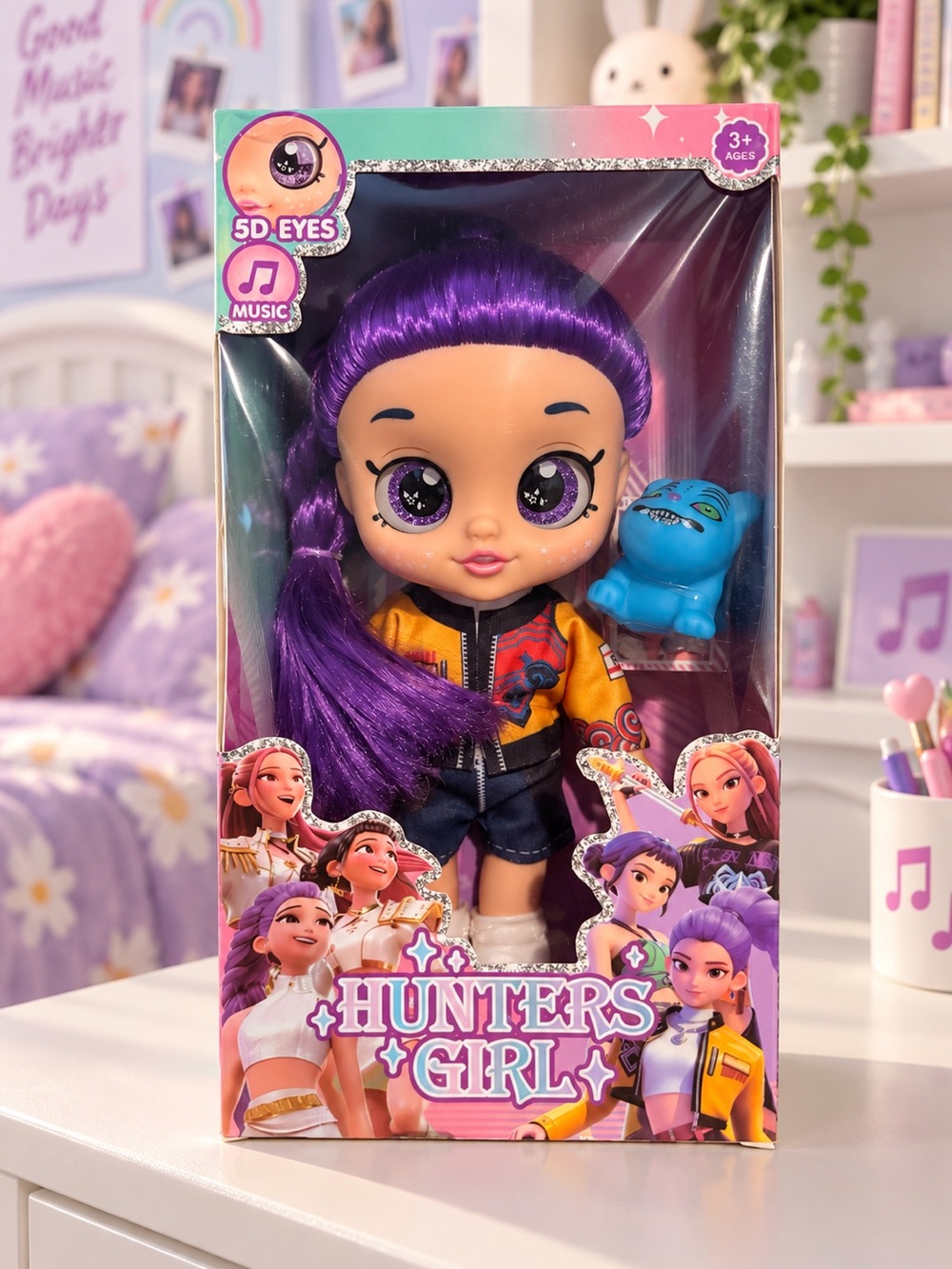 KPOP Demon Hunters Rumi Singing Doll – Music 5D Eyes Purple Hair Boxed Figure